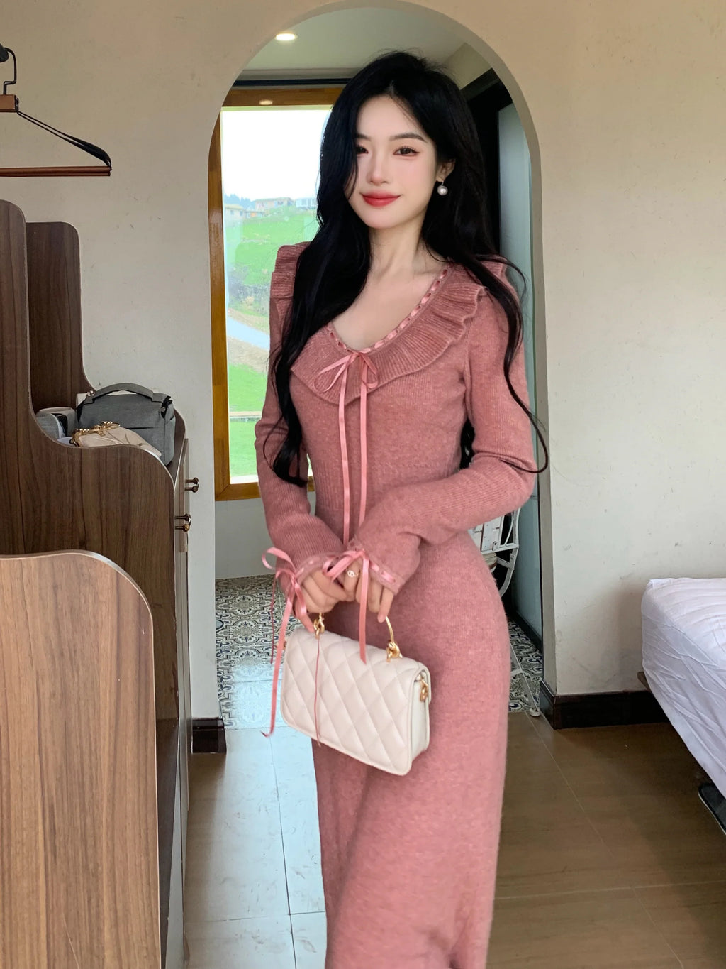 Ruffle Ribbon Blush Pink Knit Dress