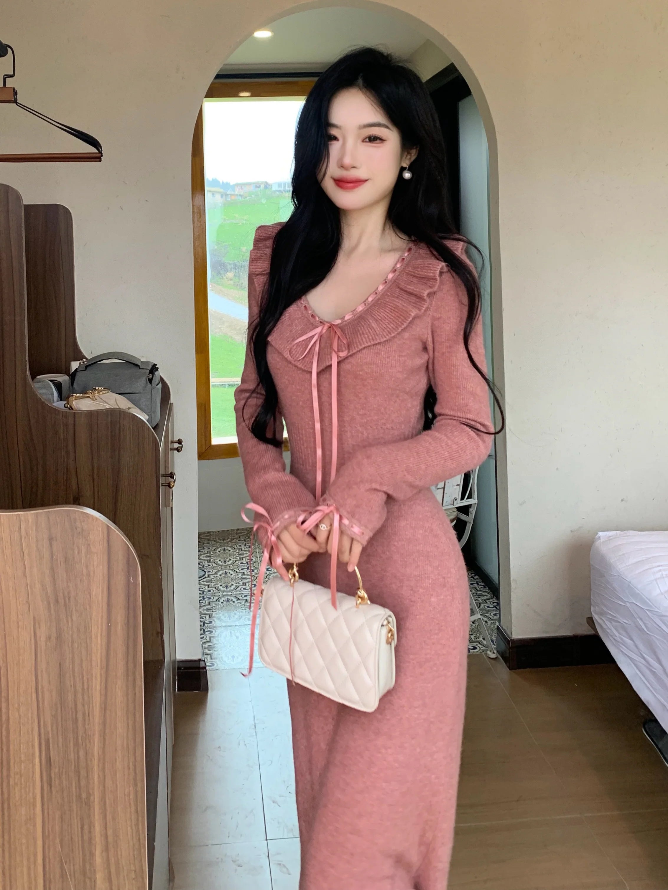 Ruffle Ribbon Blush Pink Knit Dress