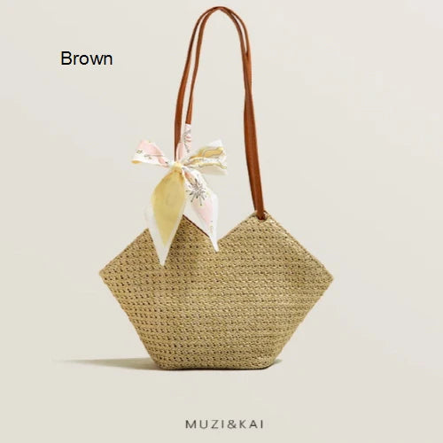 Ribbon Scarf Straw Woven Shoulder Bag