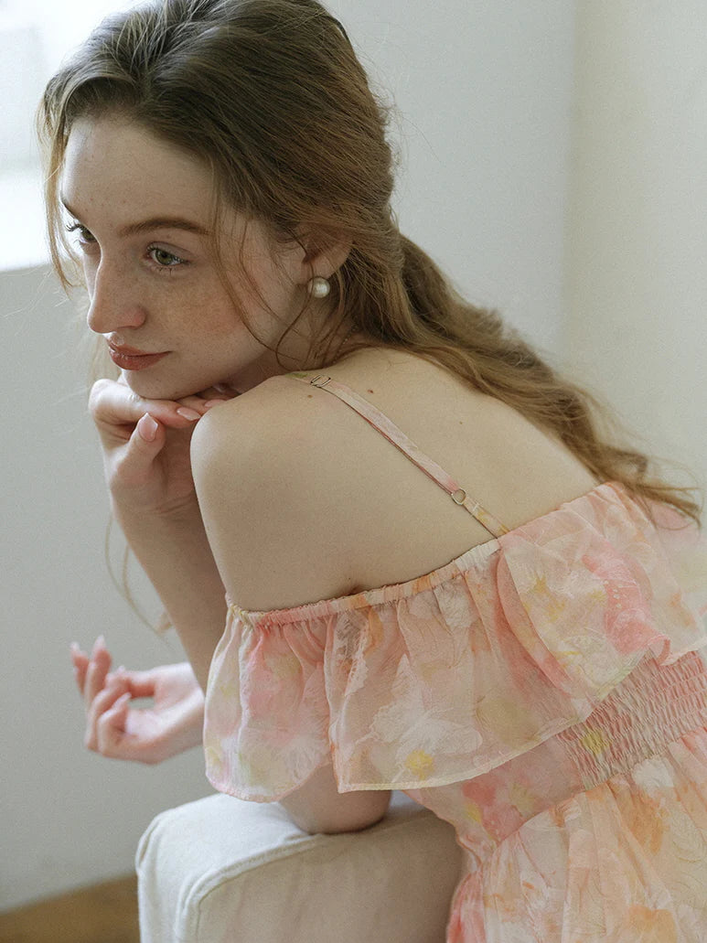 Peach Blossom Off-Shoulder Ruffle Dress