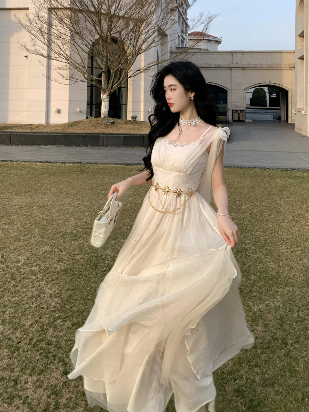 Ethereal Goddess Shimmering Silver Mesh Gown