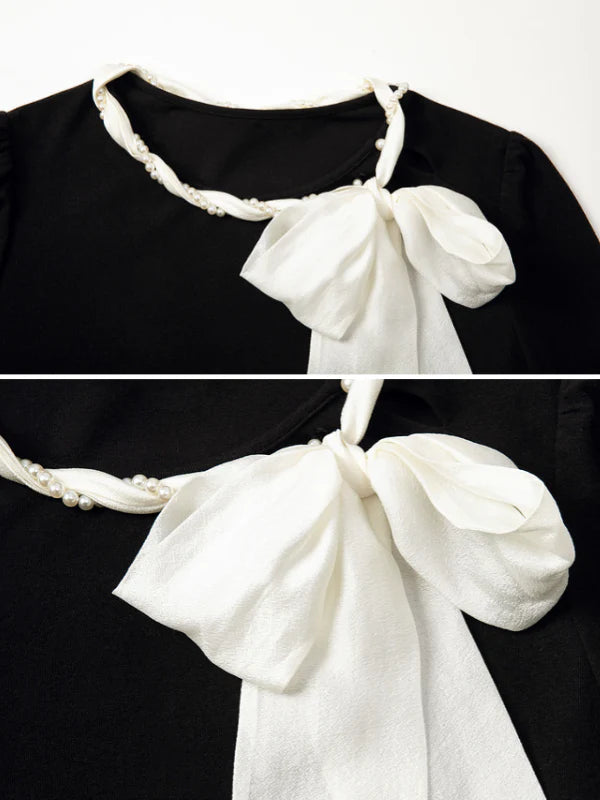 Elegant Pearl-Trimmed Bow Knit Top