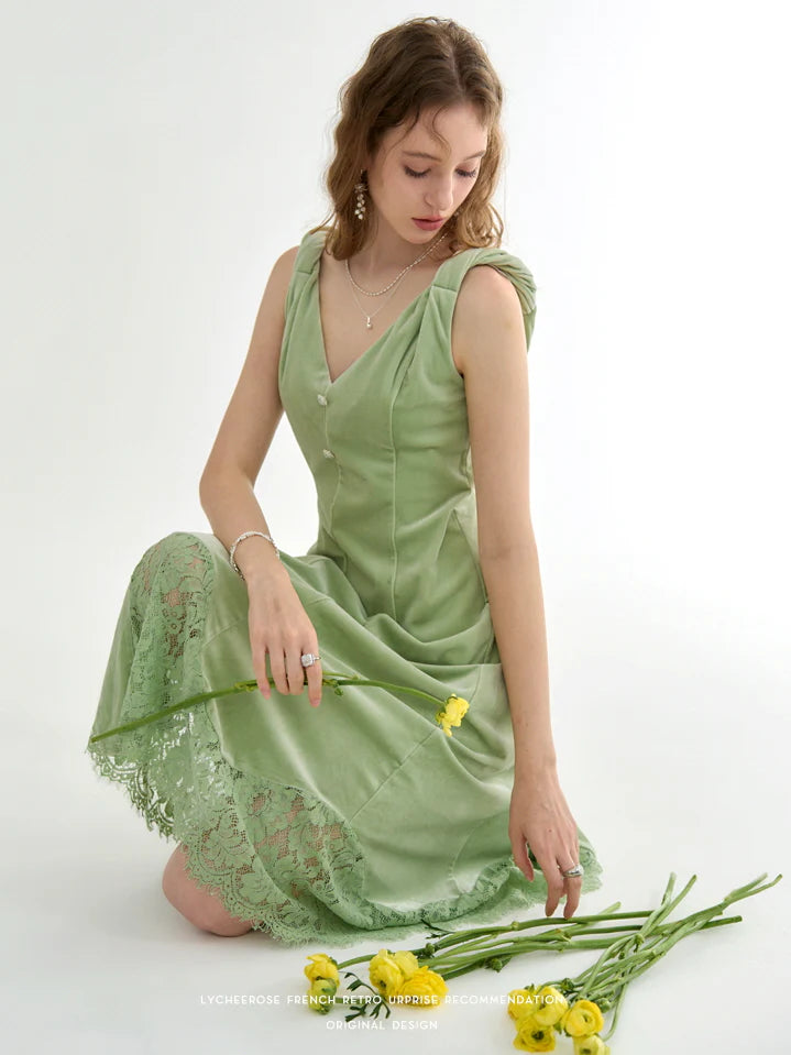 Green Velvet Lace-Trimmed Dress