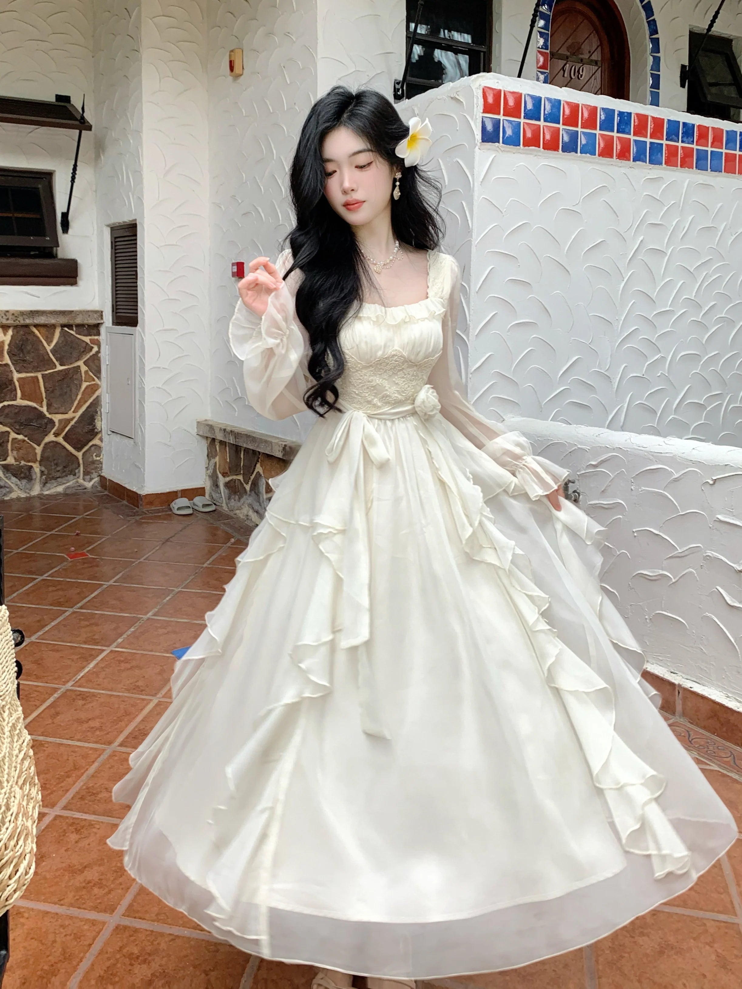 Vintage Ivory Chiffon Ruffle Dress