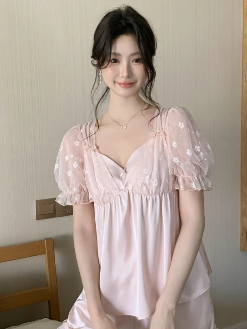 Blossom Puff Sleeve Coquette Pajama Set