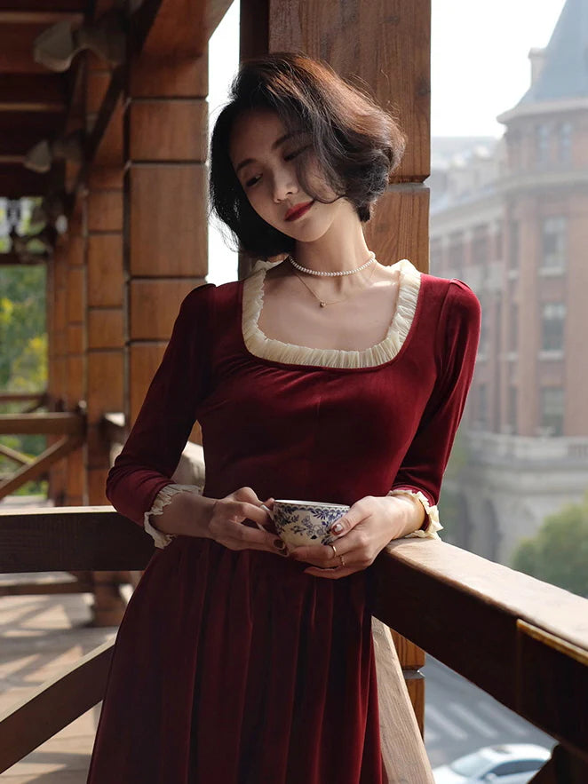 Ruffled Trim Royal Red Velvet Vintage Dress