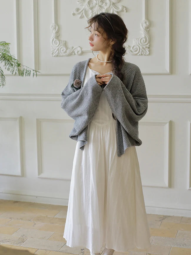 Floral Brooch Wool Blend Knit Cardigan