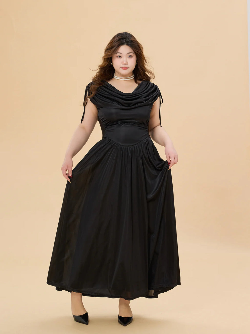 Midnight Satin Plus Size Dress with Draped Shoulders