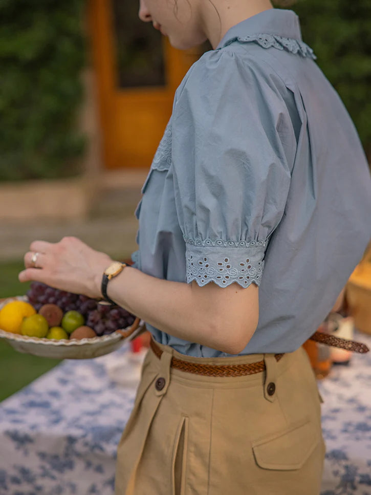 Blue Embroidery Collar Cottage Blouse
