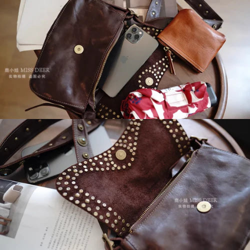 Studded Bohemian Genuine Leather Crossbody Bag