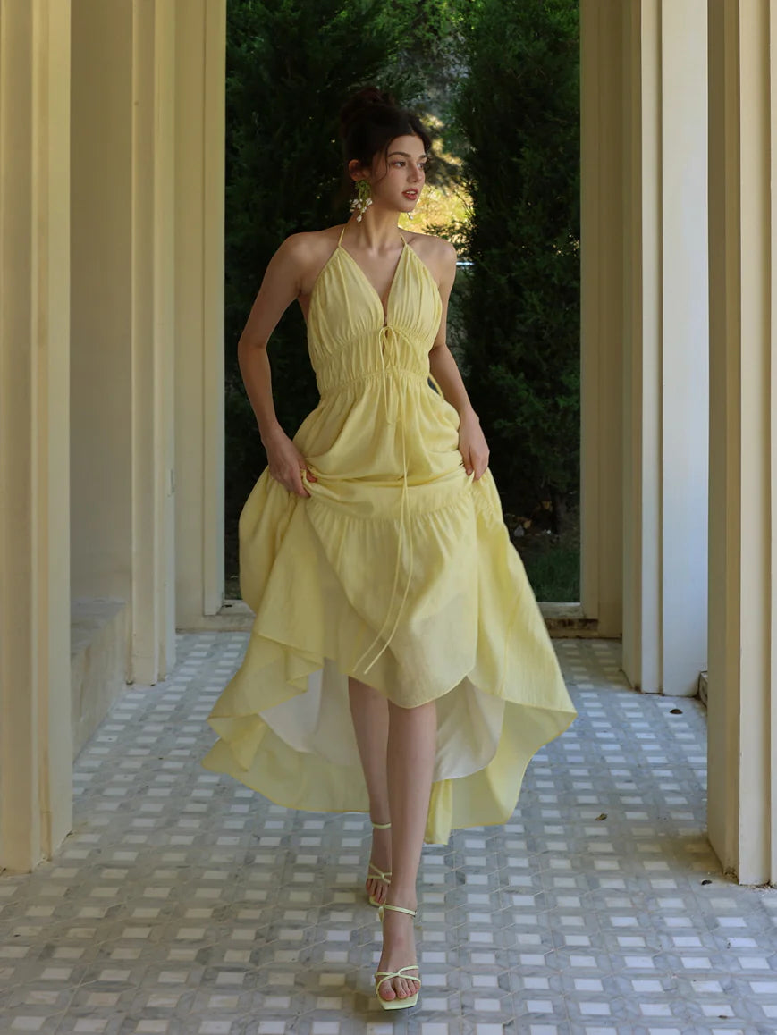 Lemon Bloom Backless Maxi Dress