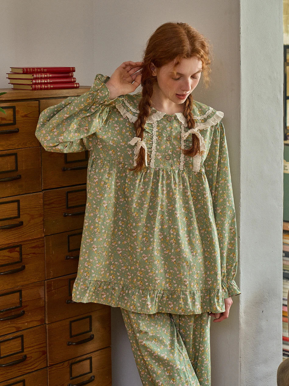 Green Floral Lace Trim Pajama Set