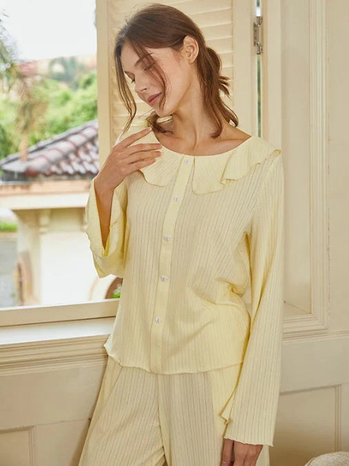 Soft Yellow Ruffled Collar Pajama Set
