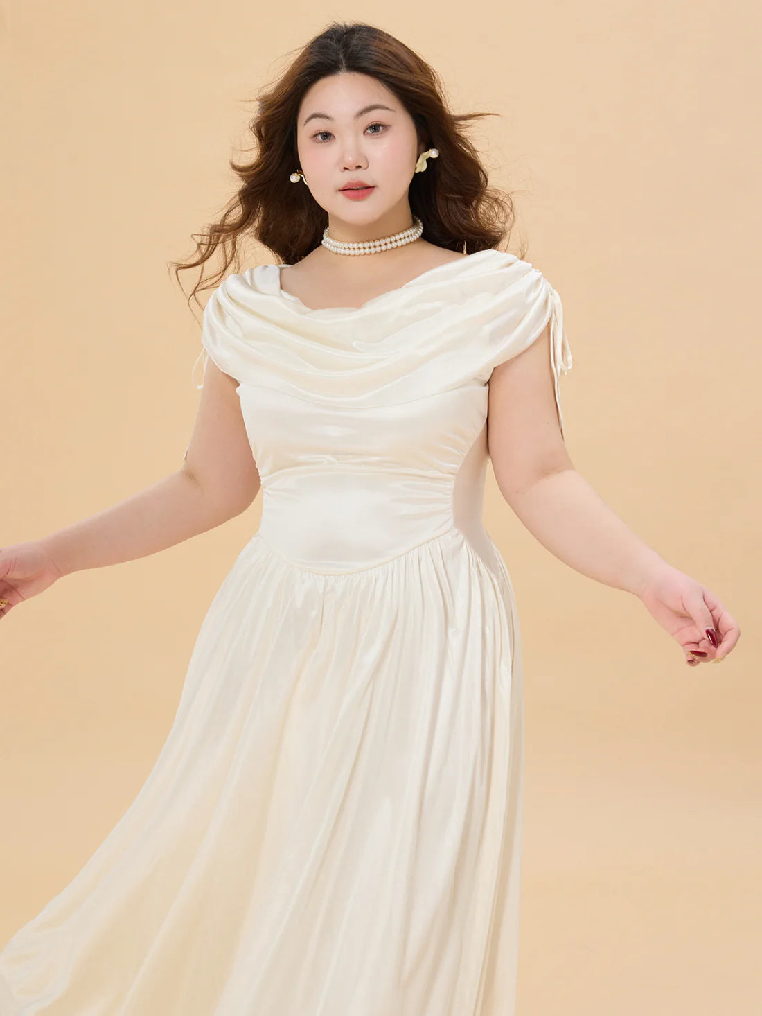 White Satin Glow Plus Size Dress with Ruched Shoulders
