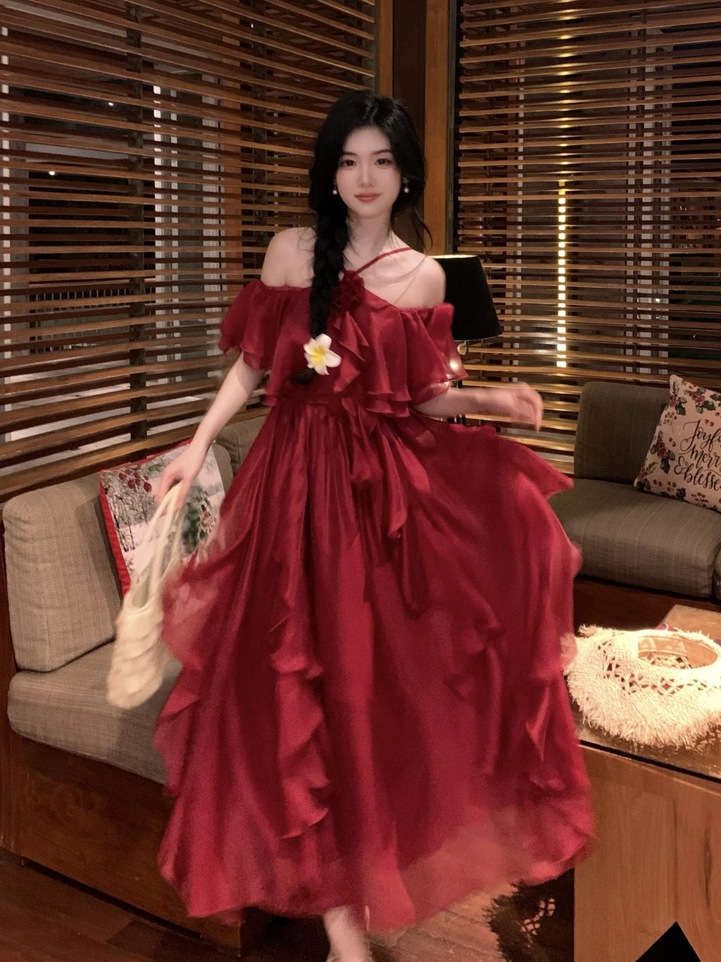 Scarlet Ruffle Off-Shoulder Chiffon Dress