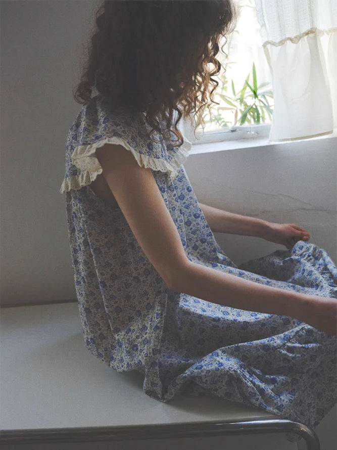 Blue Blossom Ruffle Cotton Nightgown