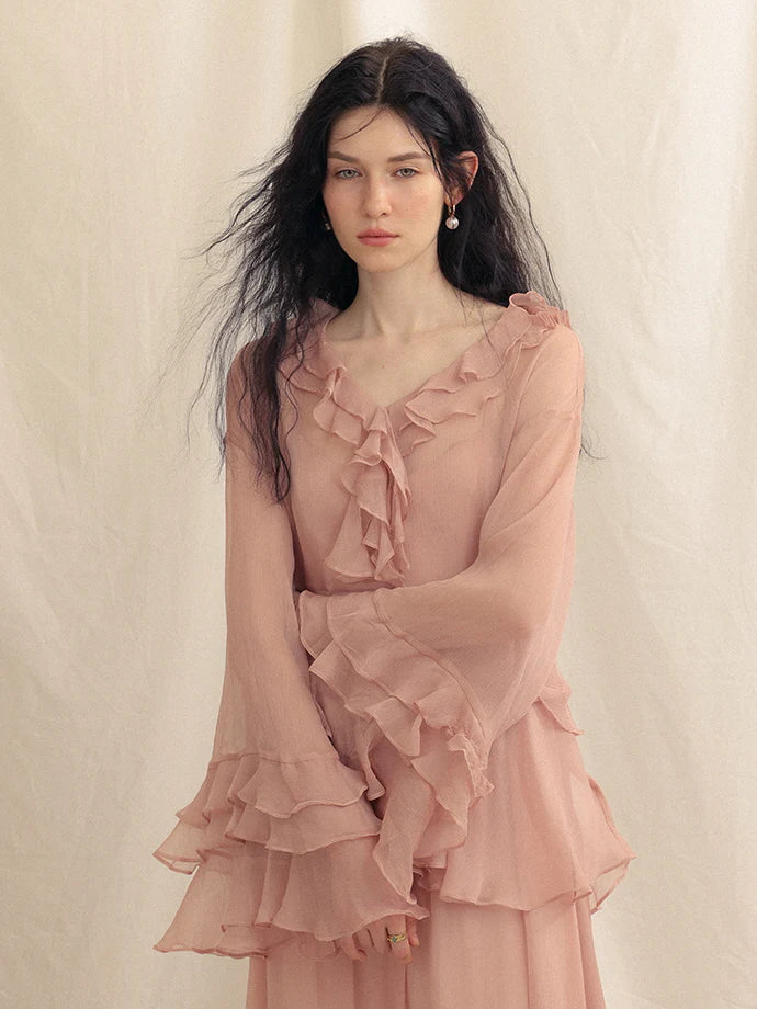 Whimsical Pink Ruffle Chiffon Blouse & Dress