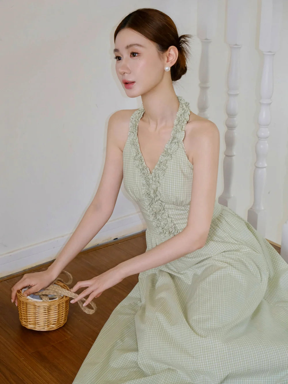 Romantic Green Gingham Halter Dress