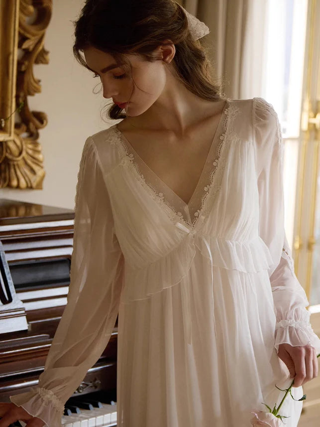 Ethereal Lace Trim Long Sleeve Nightgown