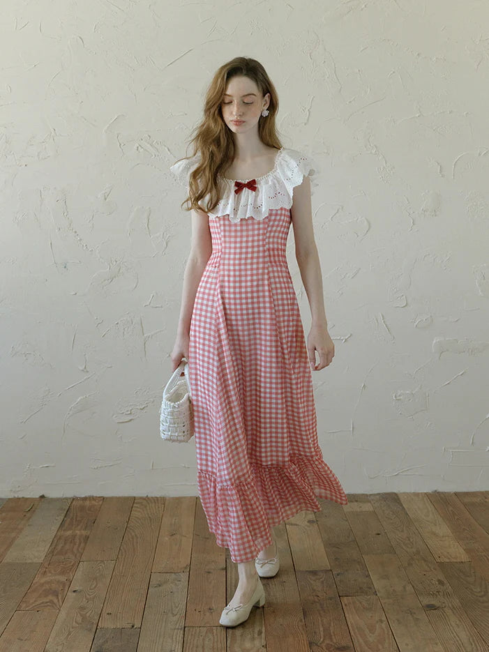 Red Gingham Off-Shoulder Frill Dress