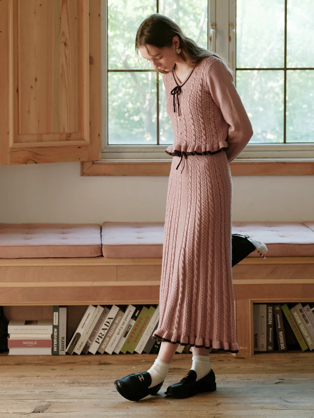 Ribbon Trim Pink Cable Knit Skirt