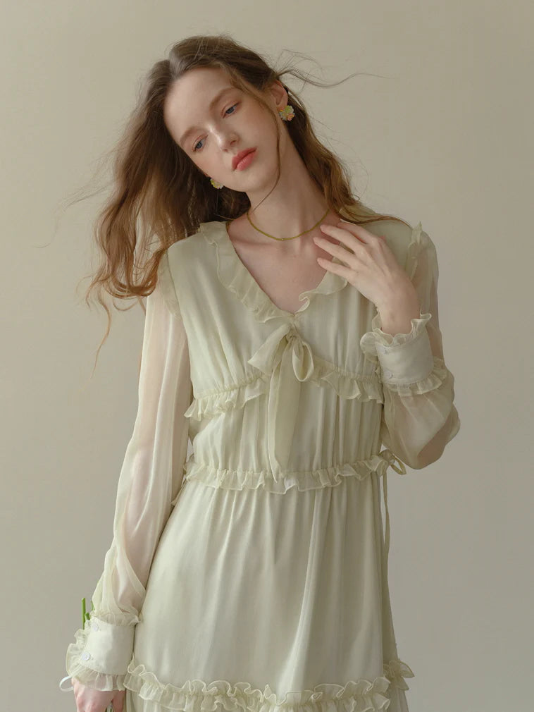 Soft Cream Ruffle Tiered Sheer Dress