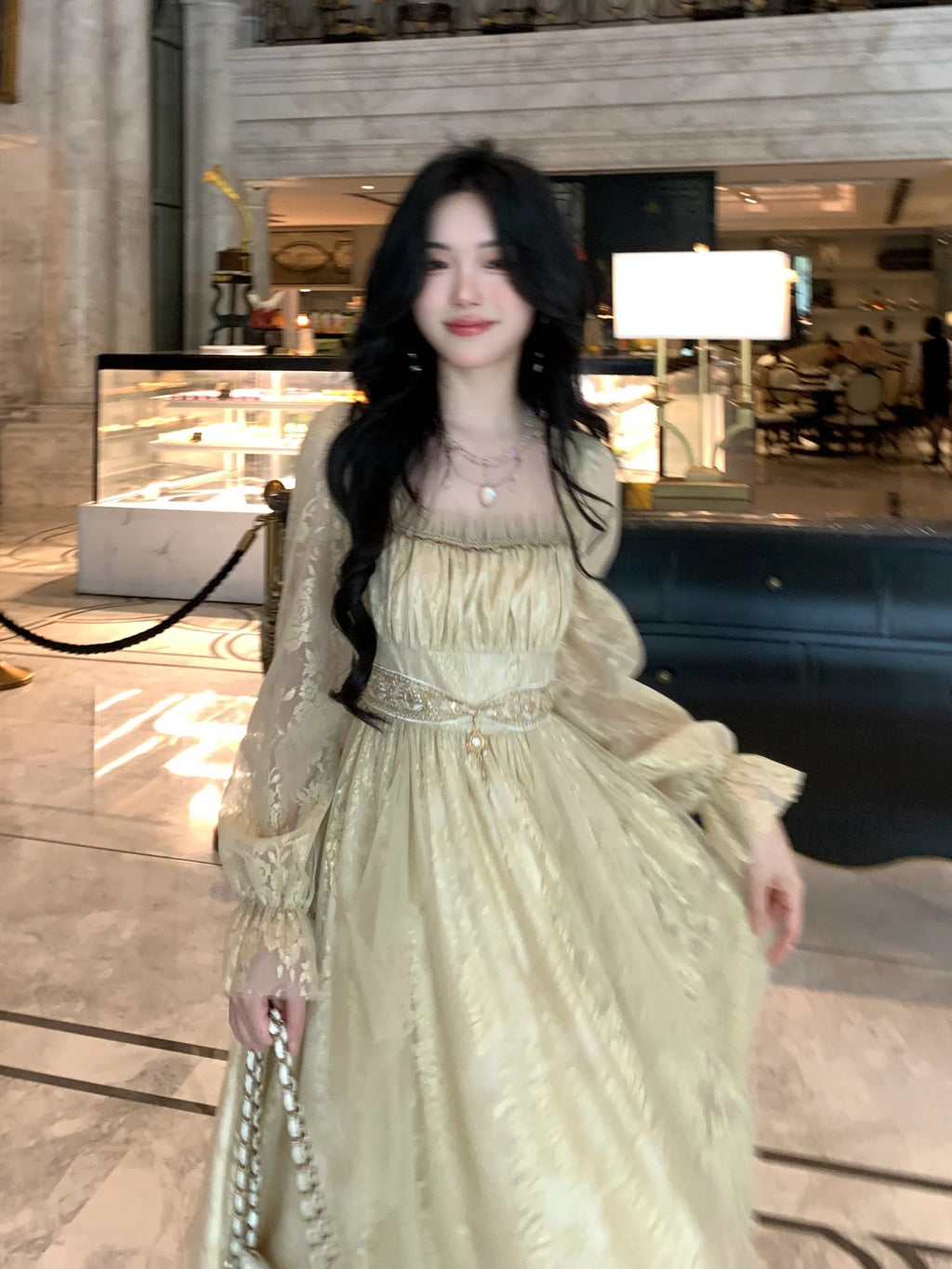 Golden Elegance Vintage Lace Dress