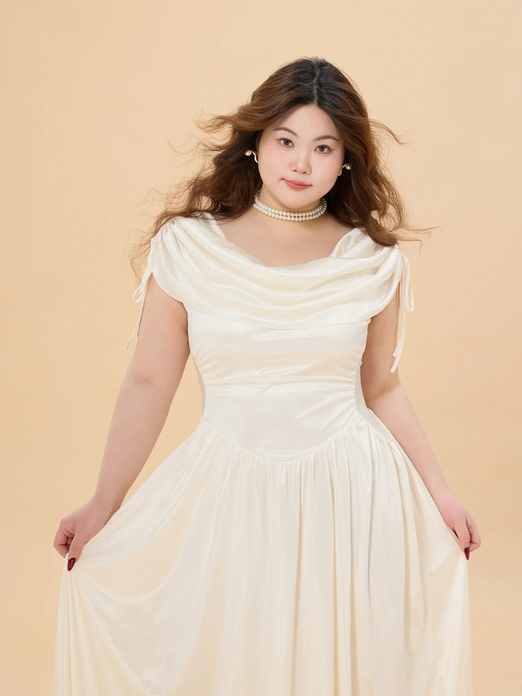 White Satin Glow Plus Size Dress with Ruched Shoulders