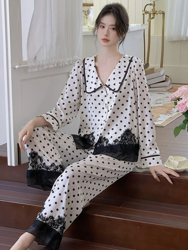 Polka Dot Lace-Trim Pajama Set