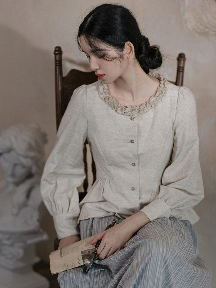 Ruffled Collar Linen Peplum Blouse