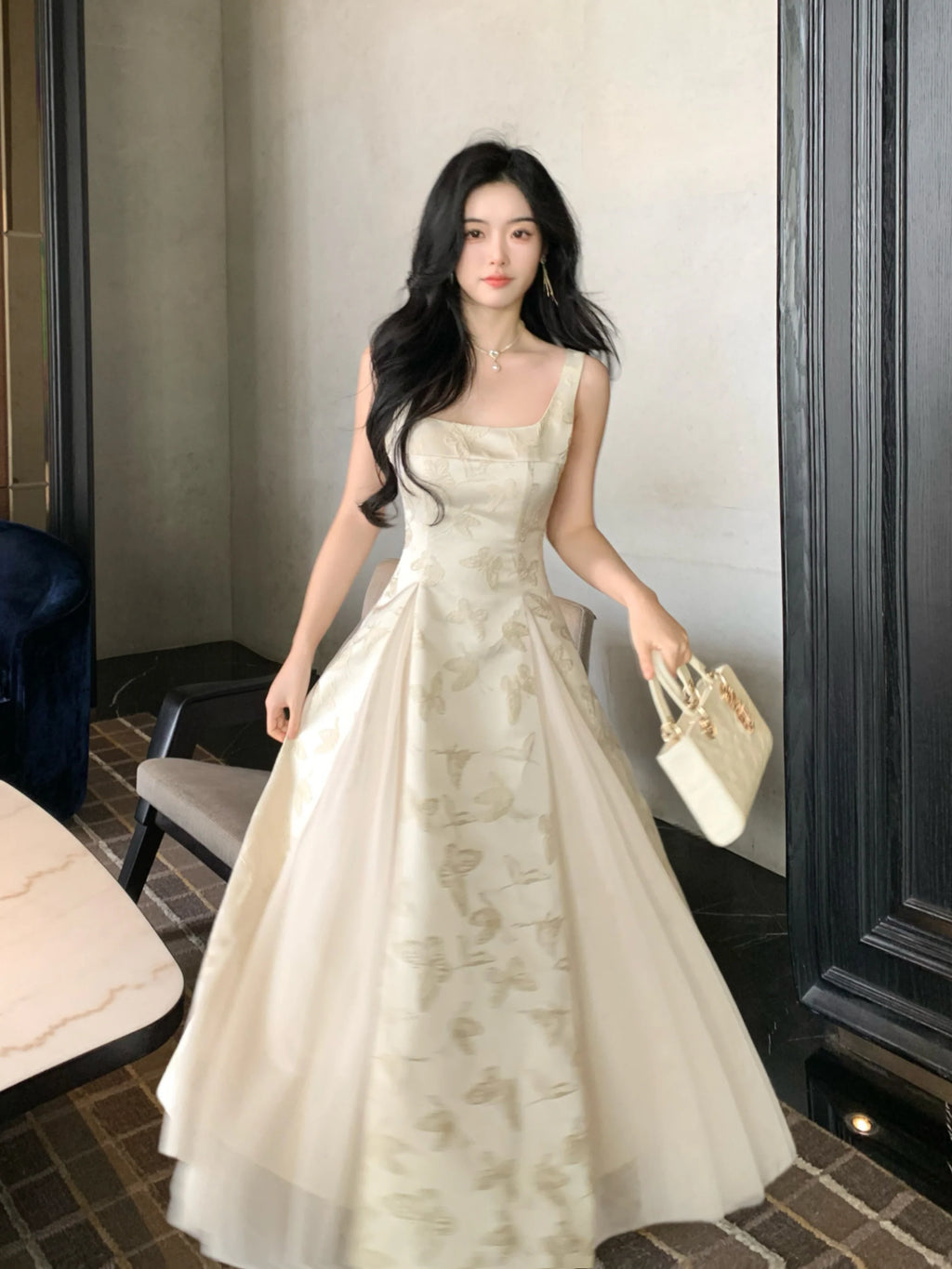 Ethereal Butterfly Embroidered Jacquard Dress