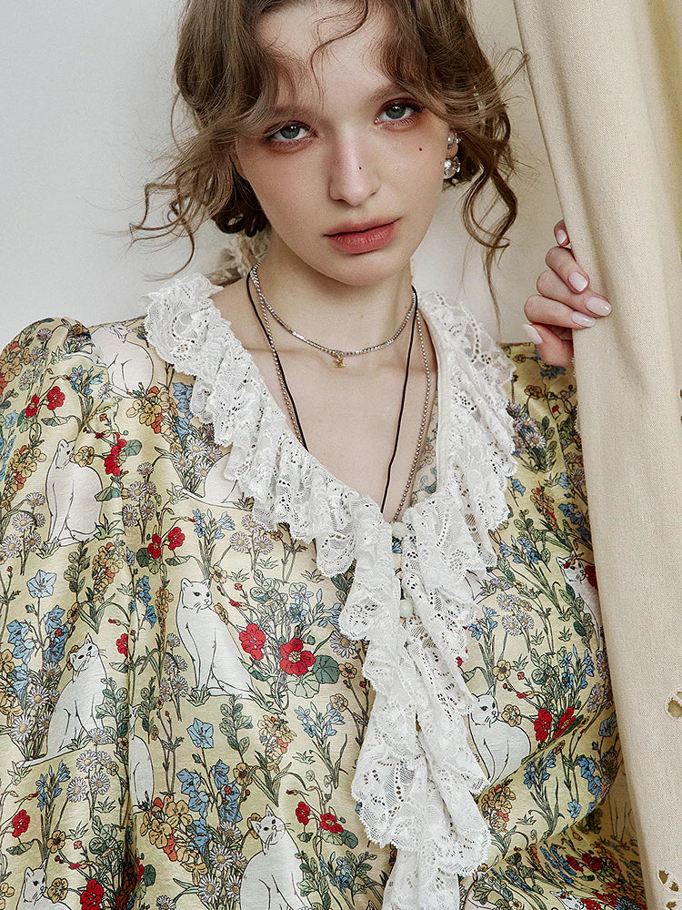 Enchanted Garden Cat Lace Blouse