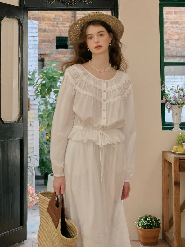 Cotton Vintage Embroidery Blouse & Skirt