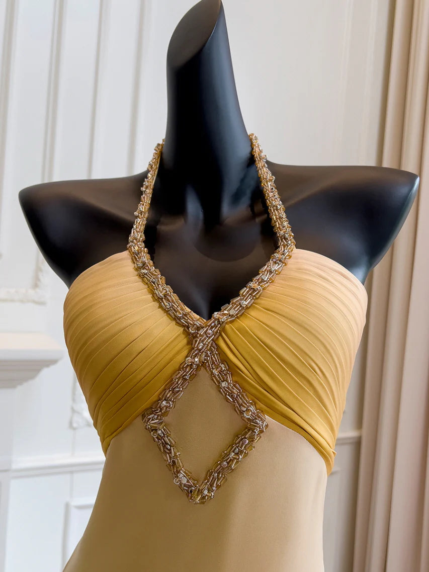 Golden Twilight Beaded Halter Dress
