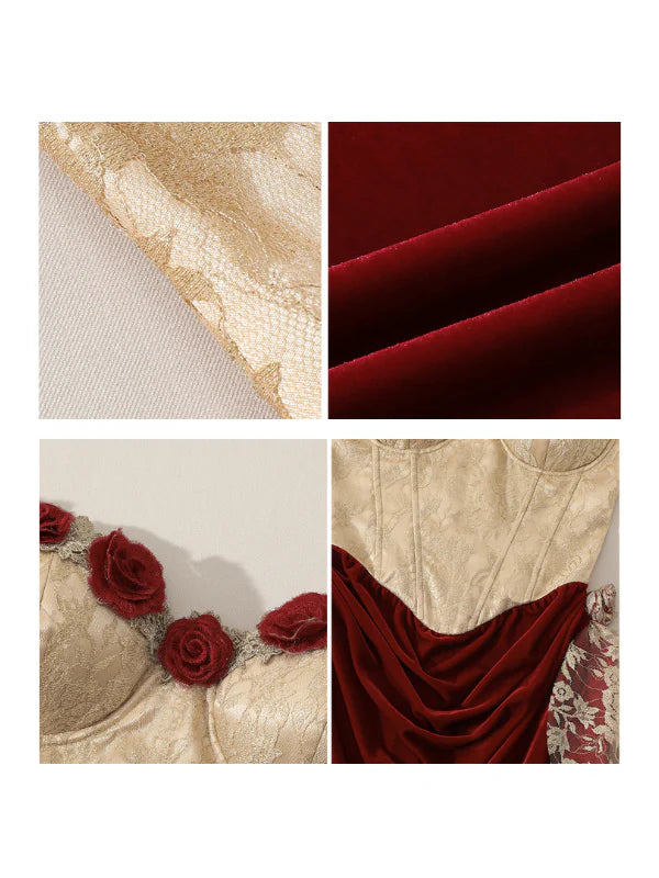 Rose Embellished Gold Corset Velvet Dress