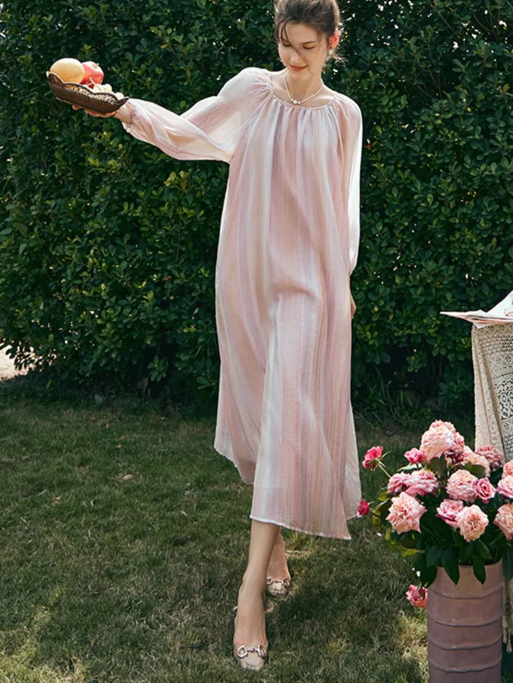 Ethereal Blush Striped Chiffon Dress