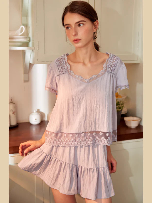 Lavender Lace Trim Two-Piece Loungewear Set