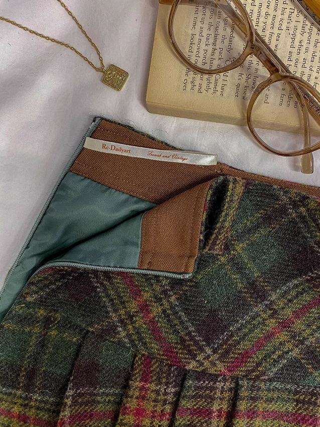 Vintage Wool Plaid Buckle Blue Checkered Skirt