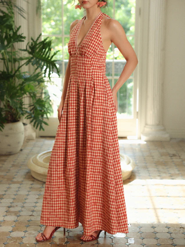 Romantic Gingham Red Check Halter Dress