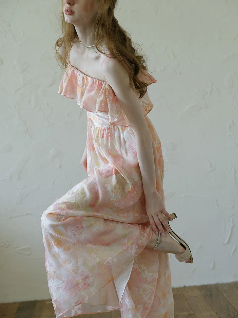 Peach Blossom Off-Shoulder Ruffle Dress