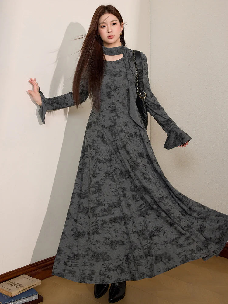 Smoky Marble Flow Dress with Scarf Accent