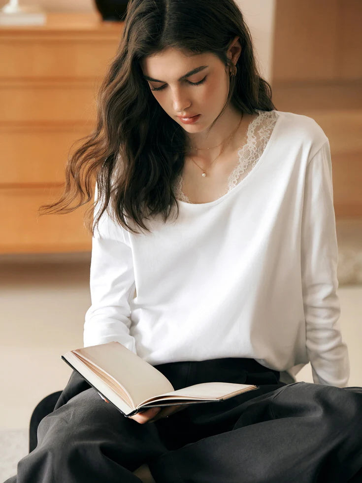 Lace Trim Soft Cotton Long Sleeve Top
