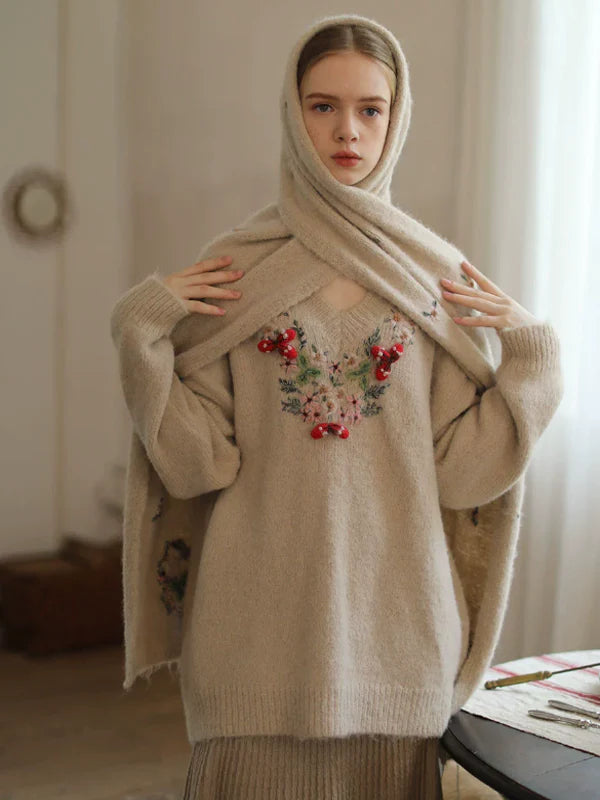 Elegant Floral Cashmere V-Neck Sweater