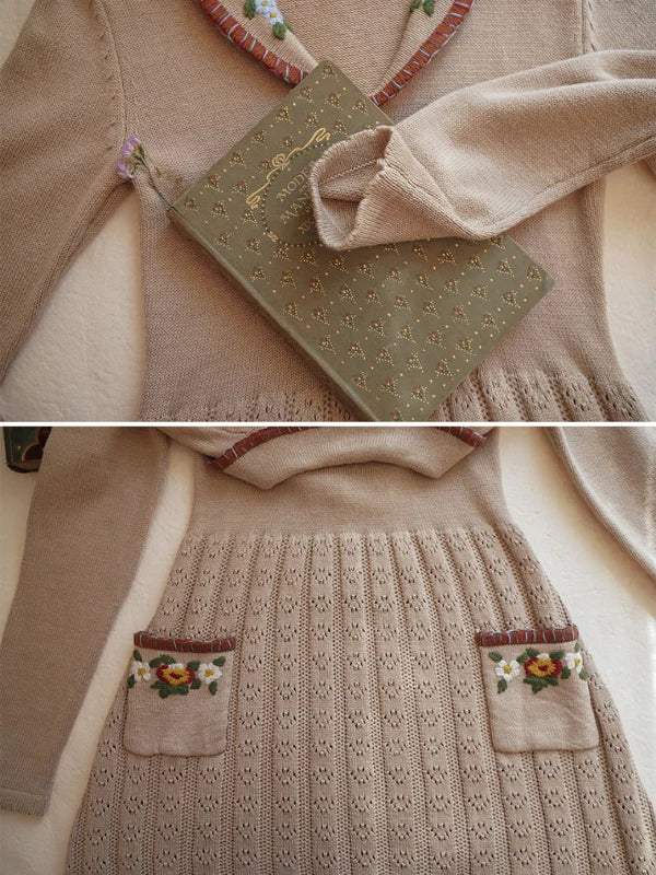 Warm Beige Elegance Floral Knit Dress