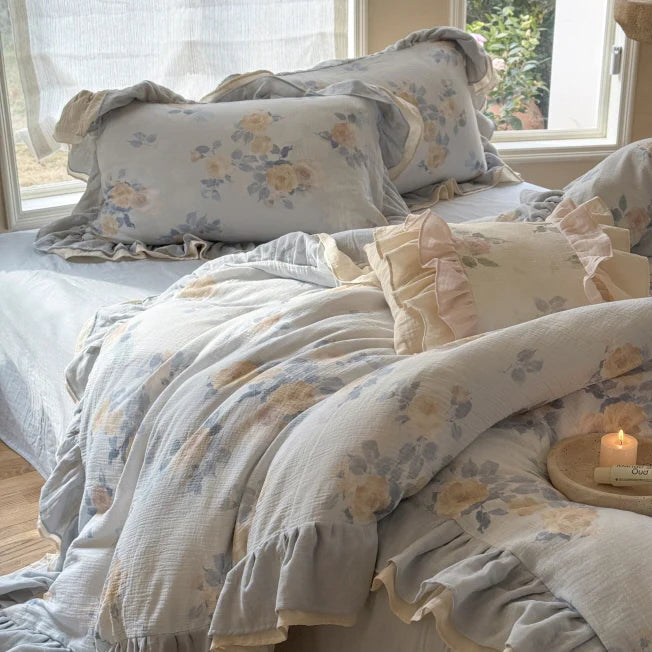 Dusty Blue Rose Print Ruffle Bedding Set
