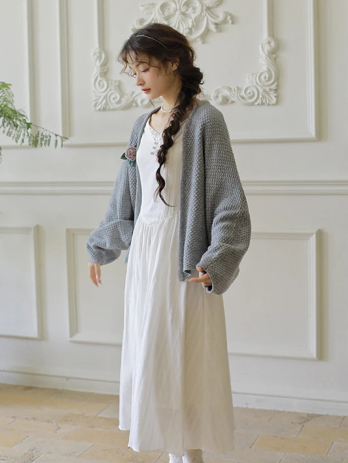 Floral Brooch Wool Blend Knit Cardigan