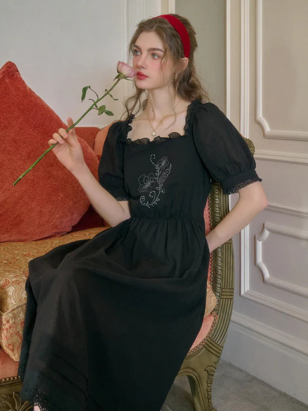 Noir Rose Embroidered Vintage Black Dress