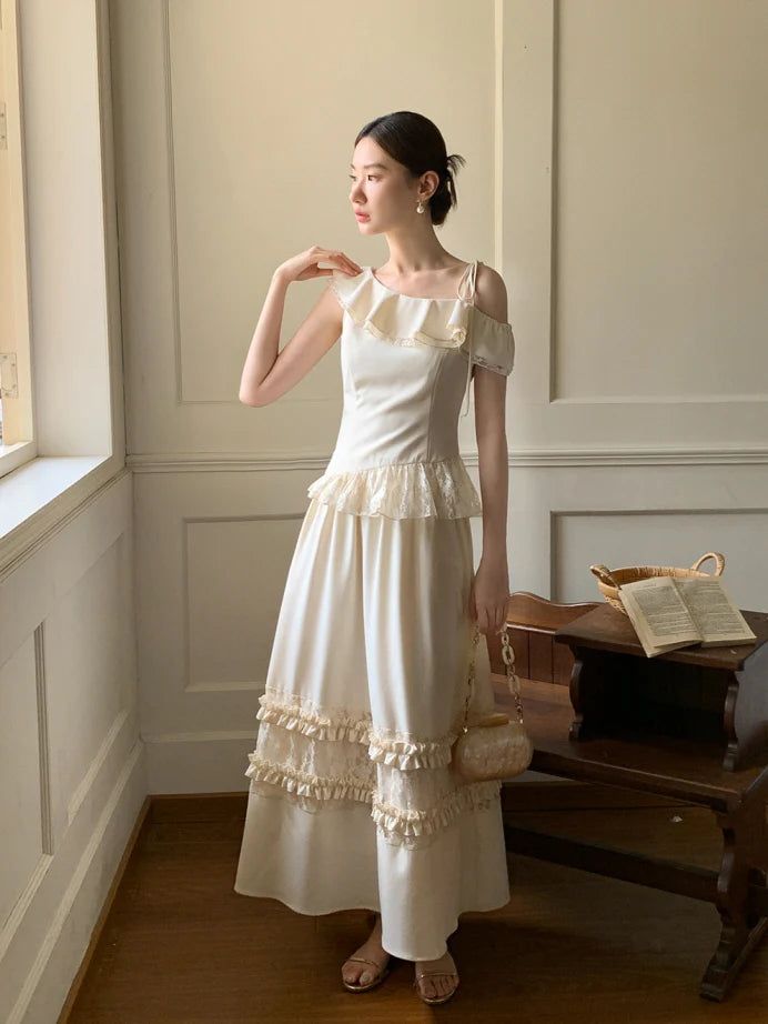 Ivory Ribbon Shoulder Ruffle Top & Skirt