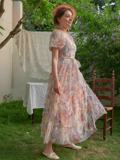 Blossom Whispers Ruffle Floral Puff Sleeve Dress