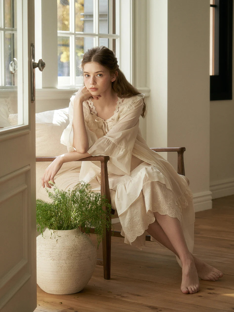 Lace Collar Cotton Lounge Gown